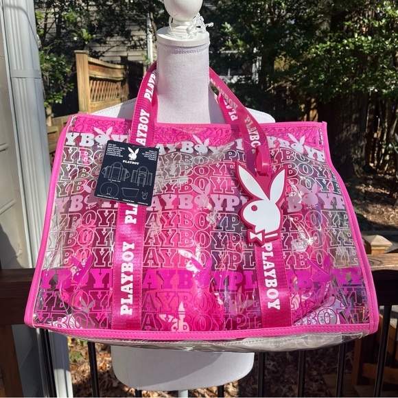 PLAYBOY Handbags - Playboy Travel Tote PINK Signature Logo Clear Thick PVC Vinyl 4 Piece Set NWT
